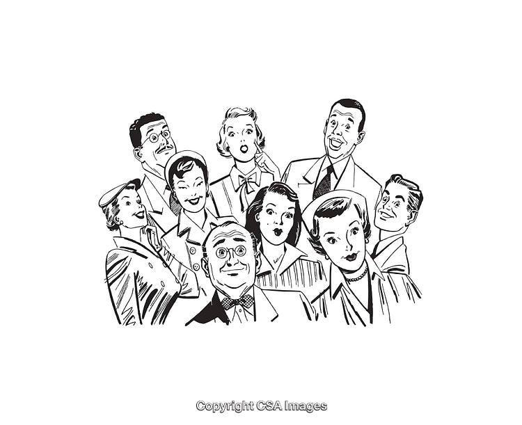 Group of Retro People in Cheerful Black and White Line Art