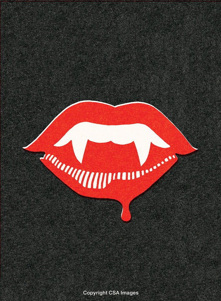 Stylized Red Vampire Lips With Fangs and Blood Drip on Dark Background