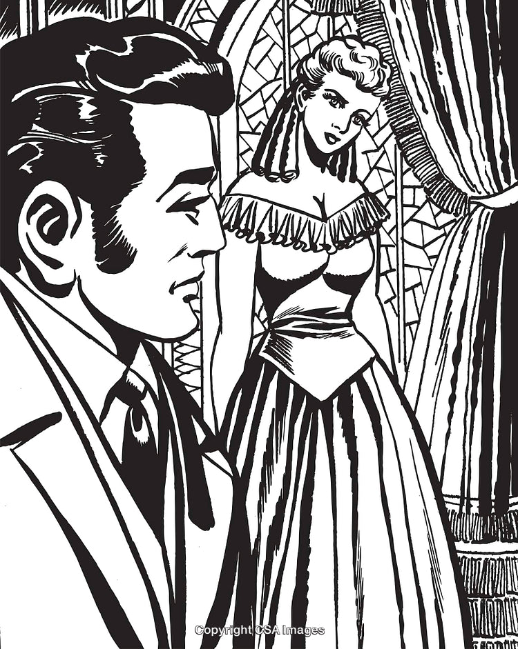 Vintage Illustration of a Couple in a Dramatic Scene with Classic Styling