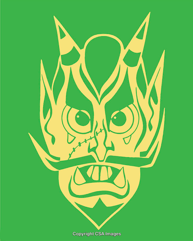 Abstract Tribal Mask in Vibrant Green and Yellow Color Scheme