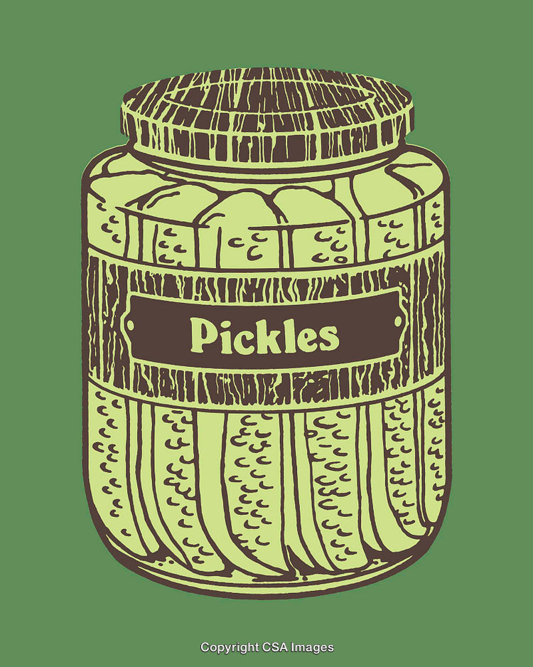 Illustrated Glass Jar of Pickles with Rustic Design on Green Background