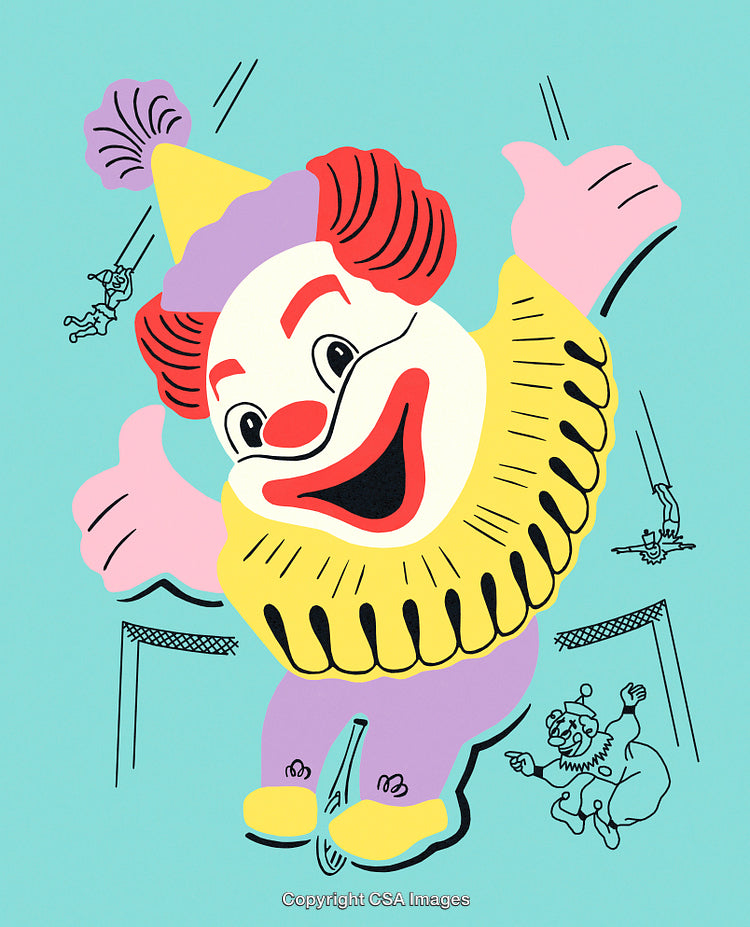 Vibrant Circus Clown Illustration with Dynamic Elements and Playful Mood