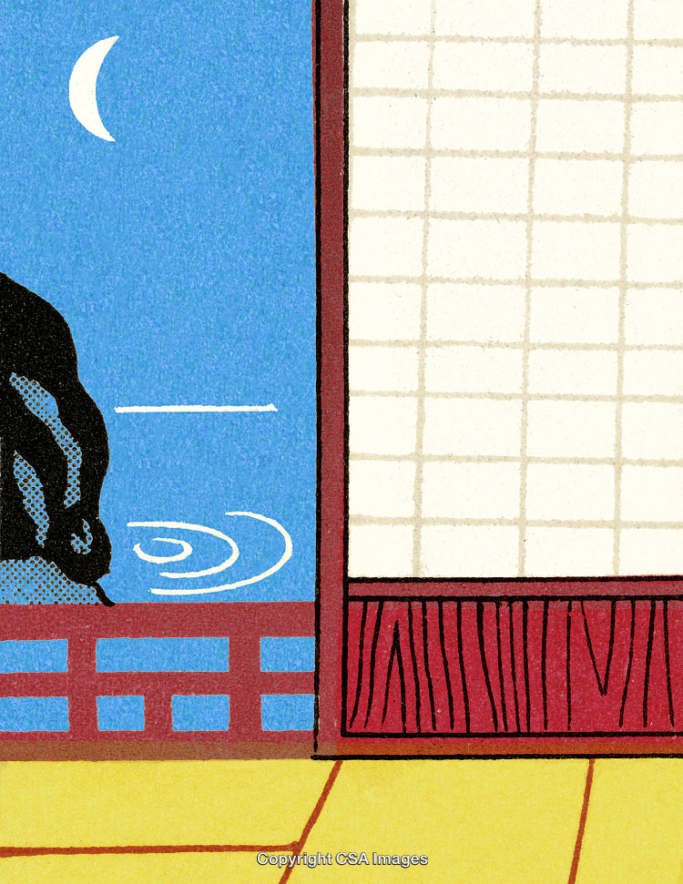 Illustration of a Traditional Japanese Interior with Moonlit Outdoor View