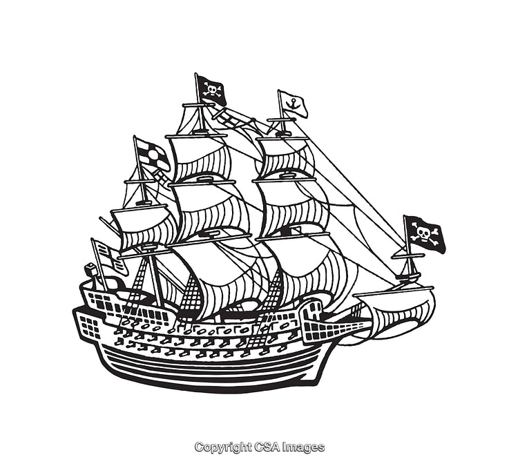 Pirate Ship Line Art Illustration of a Sailing Vessel in Black and White