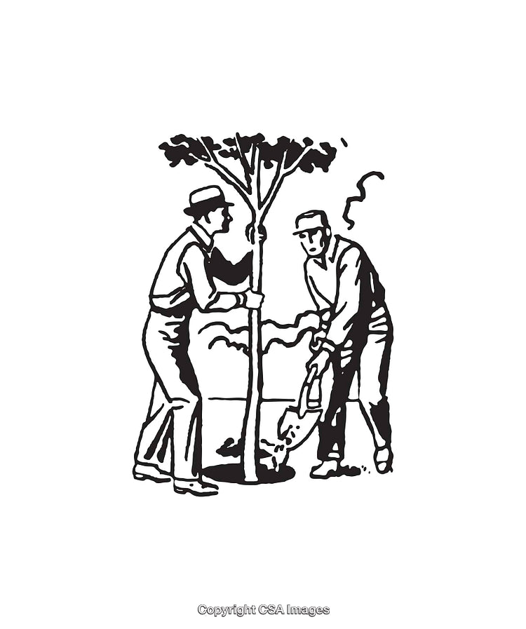 Black and White Line Art of Two Men Planting Tree