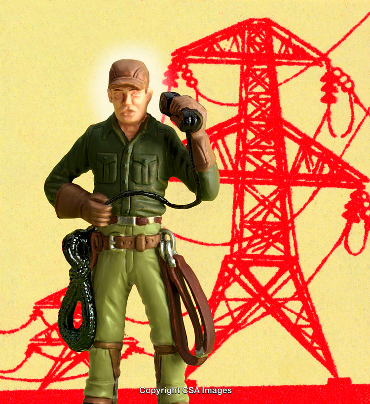Toy Figure of Lineman with Electric Lines Background in Artistic Display
