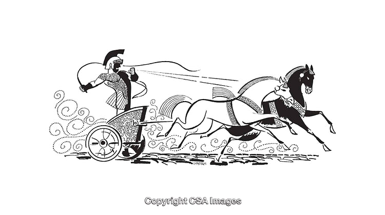 Ancient Chariot Race in Black and White Line Art Style