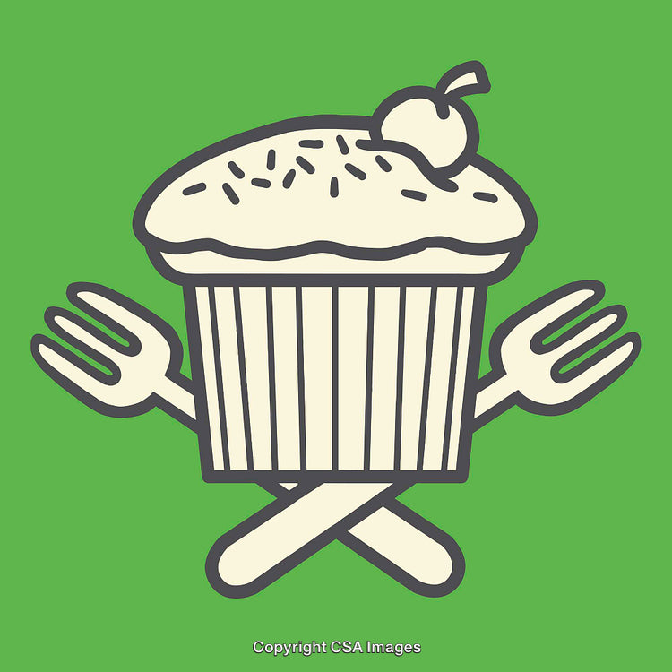 Stylized Cupcake Illustration with Forks on Bright Green Background