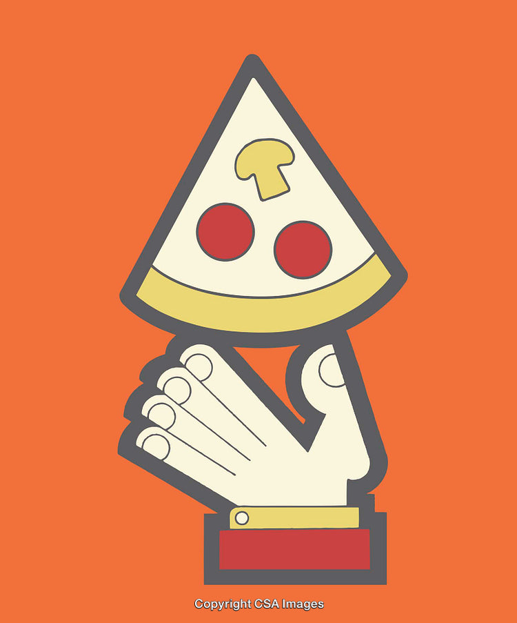 Colorful Line Art of a Hand Holding a Pizza Slice Over Orange Background
