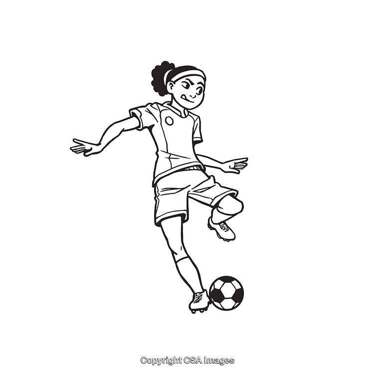 Black and White Illustration of a Girl Playing Soccer with a Ball