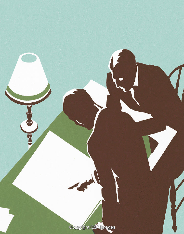 Illustration of Two Figures Collaborating at a Desk in Abstract Minimalist Style