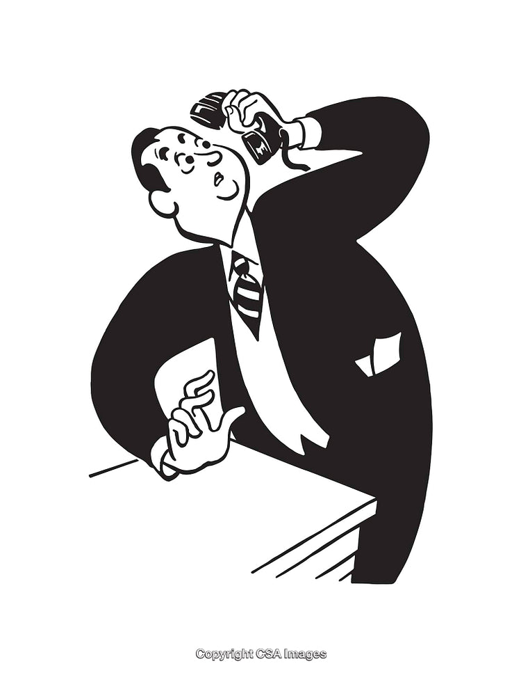 Black and White Illustration of a Businessman Looking Up While on the Phone