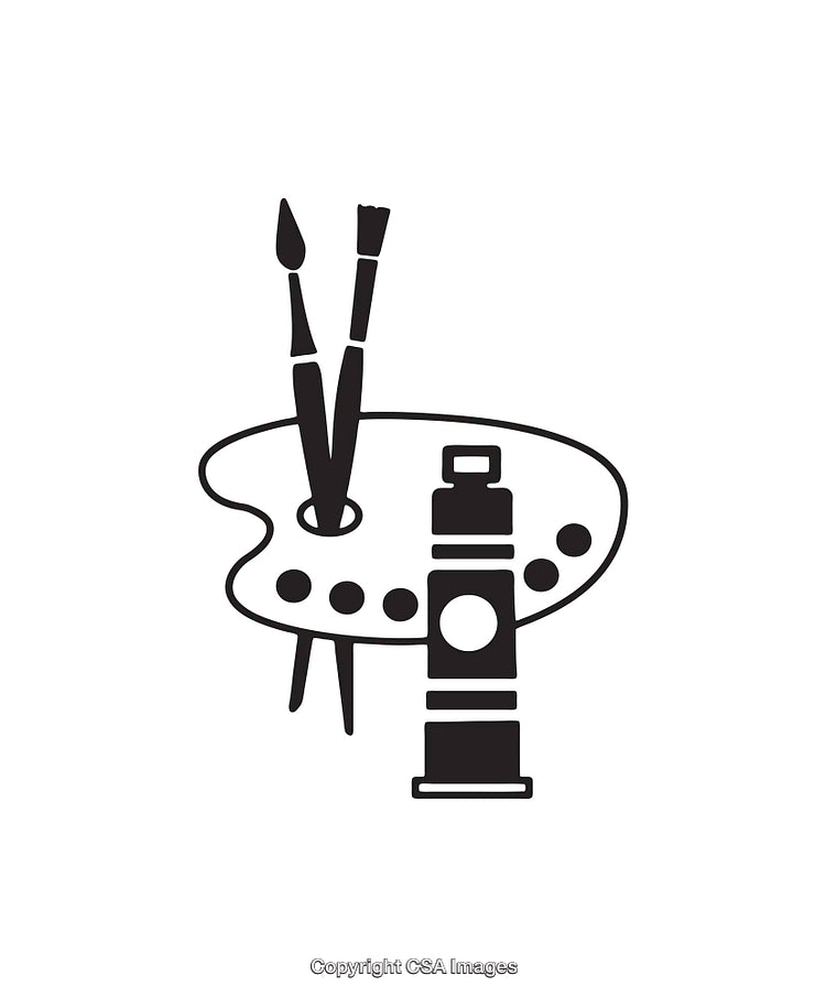 Black and White Illustration of Painting Tools Including Palette and Brushes