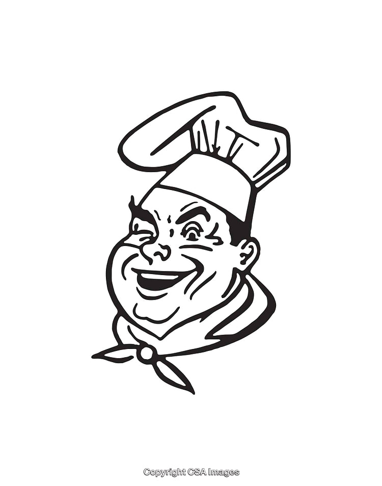 Black And White Line Art Of Smiling Chef With A Hat And Scarf