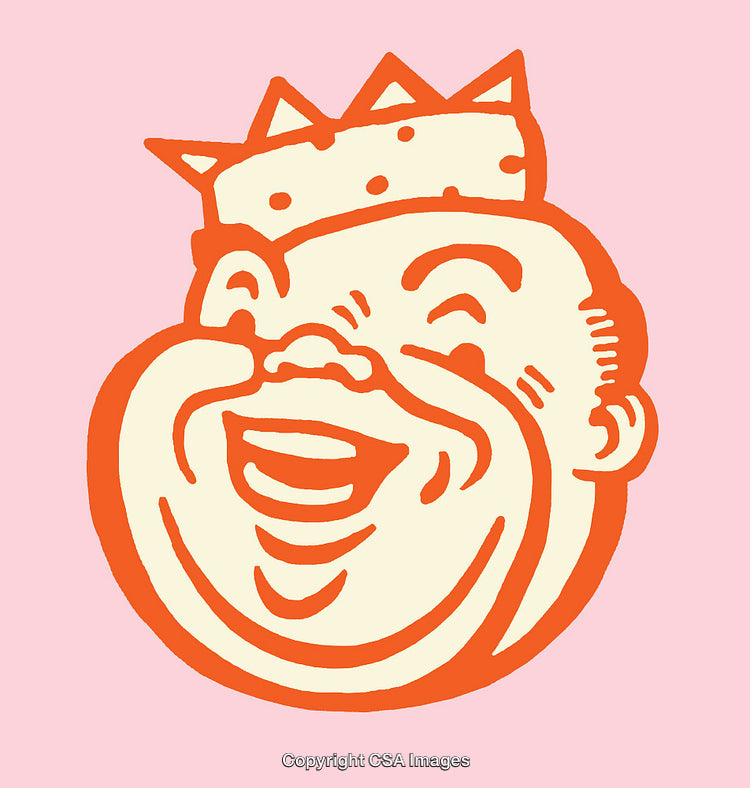 Colorful Minimalist Illustration of a Laughing Character With a Crown