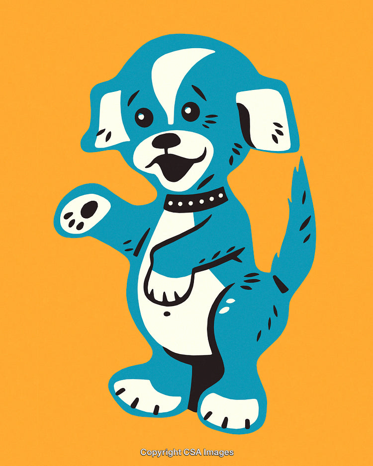 Cute Cartoon Illustration of a Playful Blue Dog on Orange Background