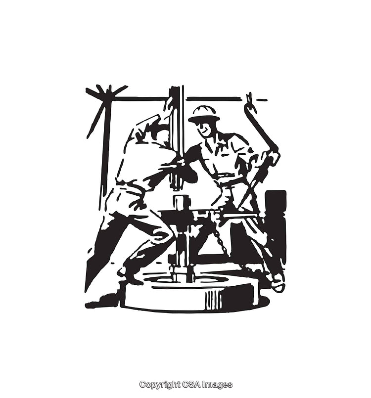 Vintage Line Art Illustration of Workers Operating Heavy Industrial Machinery