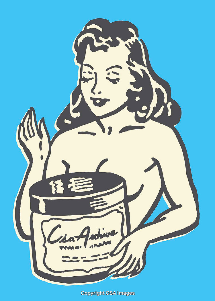 Colorful Retro Illustration of a Woman Holding a Large Product Container