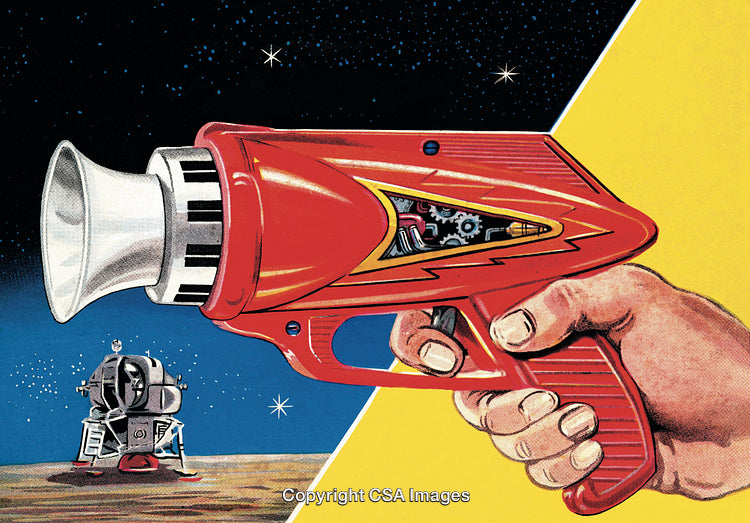 Retro Space Adventure Illustration Featuring A Ray Gun And Lunar Module