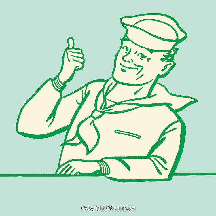 Vintage Line Art Illustration of a Smiling Sailor Giving a Thumbs Up