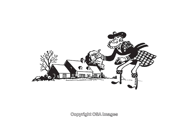 Black and White Illustration of Scottish Character Near a Countryside Cottage