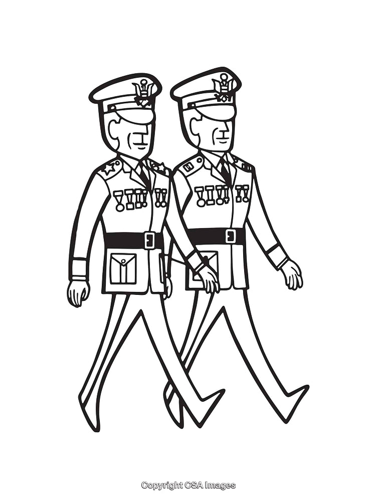 Black and White Line Art of Two Uniformed Marching Officers