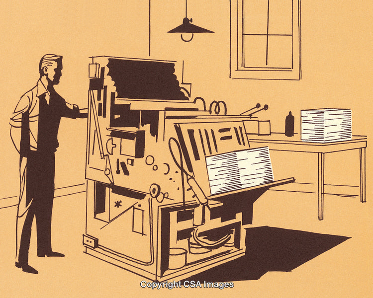 Retro Illustration of a Man Using a Printing Machine in a Workshop
