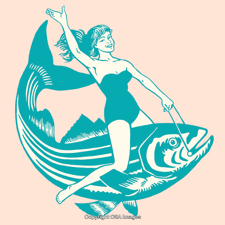 Retro Illustration of Woman Riding a Sailfish in Stylized Artwork