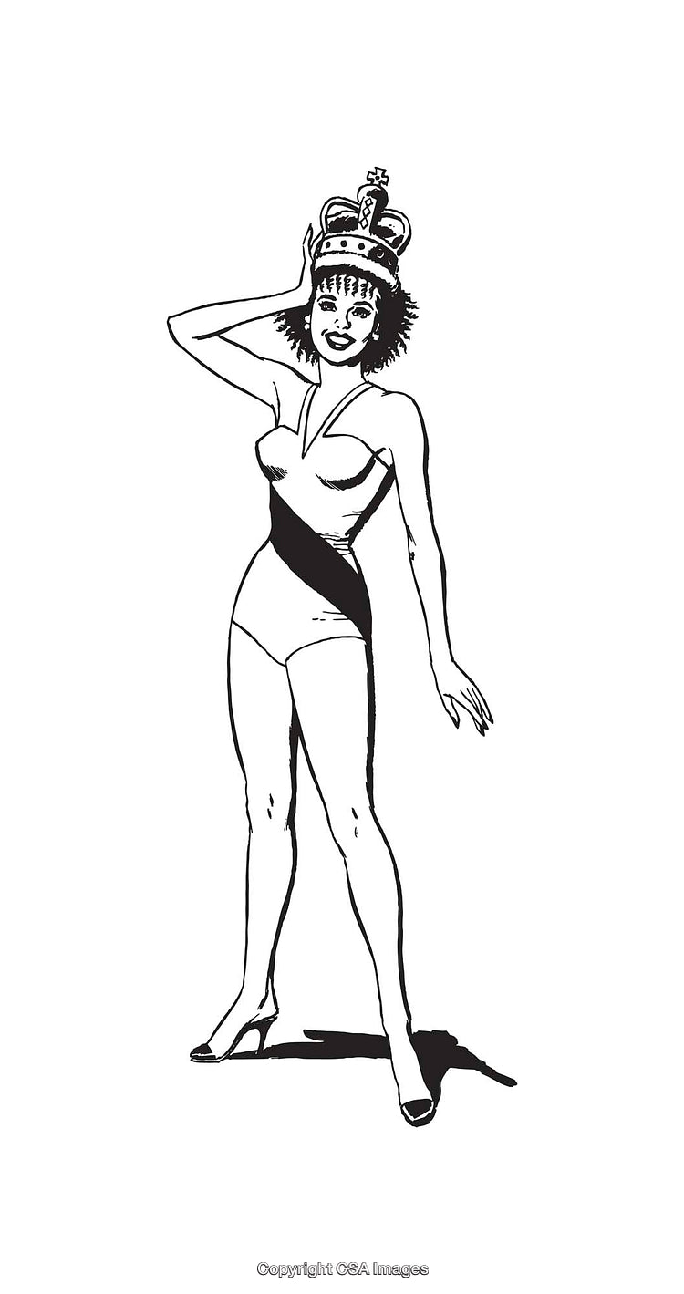 Black and White Line Art of a Crown-Wearing Pageant Winner Celebrating