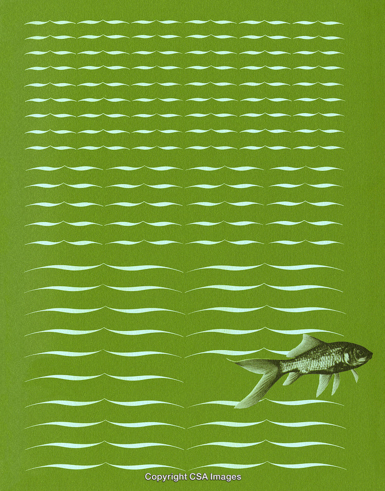 Fish Swimming Amid Abstract Green and White Wave Patterns