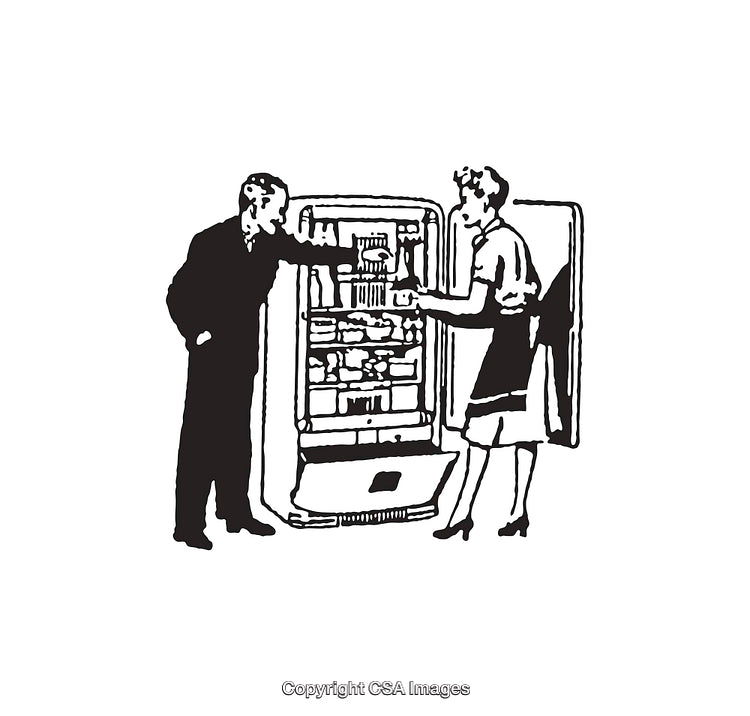 Vintage Line Art of Two People Using a Fridge