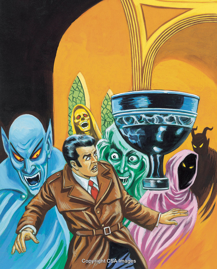 Vintage Illustration Featuring Haunted Scene with Man Fleeing Supernatural Entities