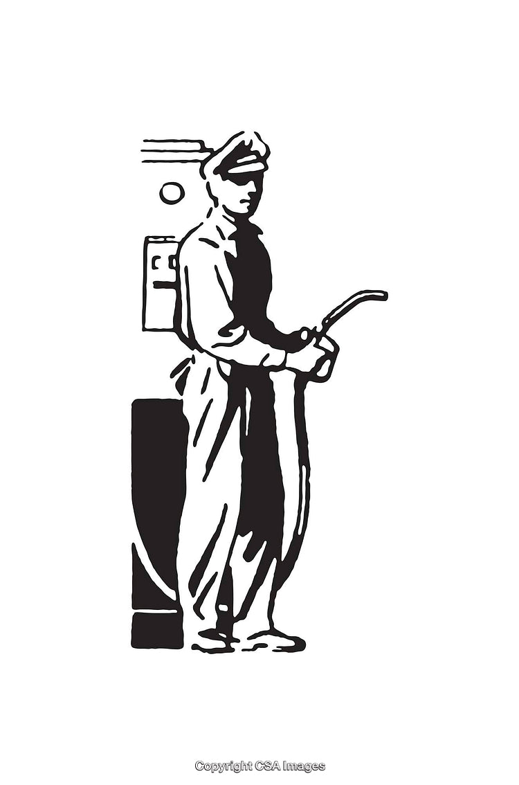 Vintage Black and White Line Art of a Gas Station Attendant
