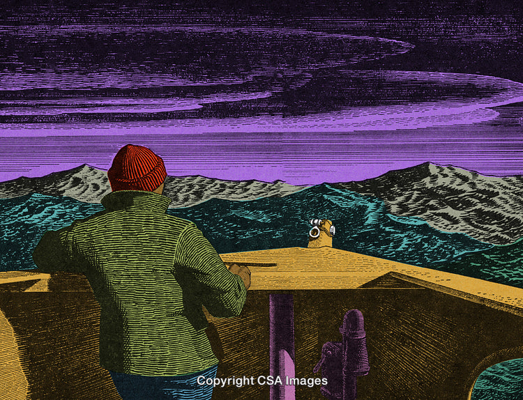 Person Observing Stunning Mountain View Under Vibrant Violet Sky