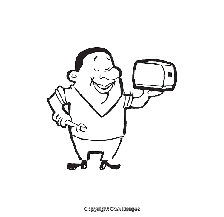 Cartoon Illustration of Man Holding Microwave and Wrench
