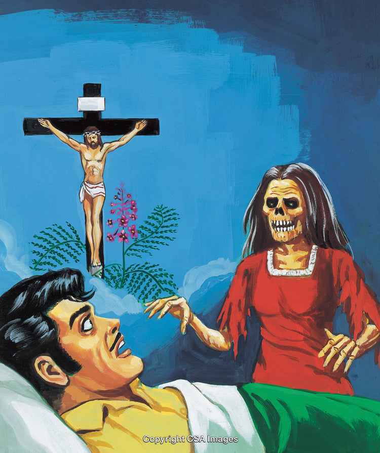Surreal Spiritual Encounter with a Skeleton and Divine Crucifixion Depiction