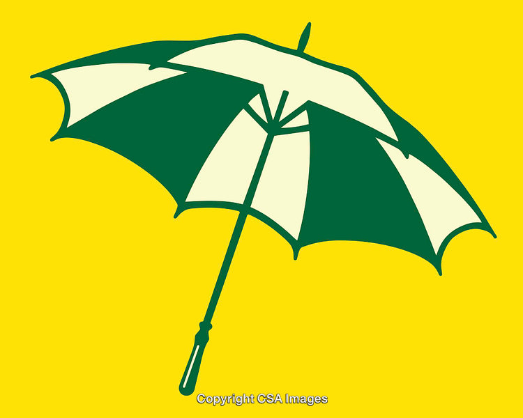 Green and White Umbrella on Bright Yellow Background in Artistic Style