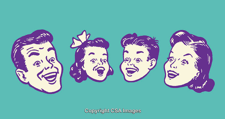 Retro Style Family Faces in Colorful Line Art Illustration