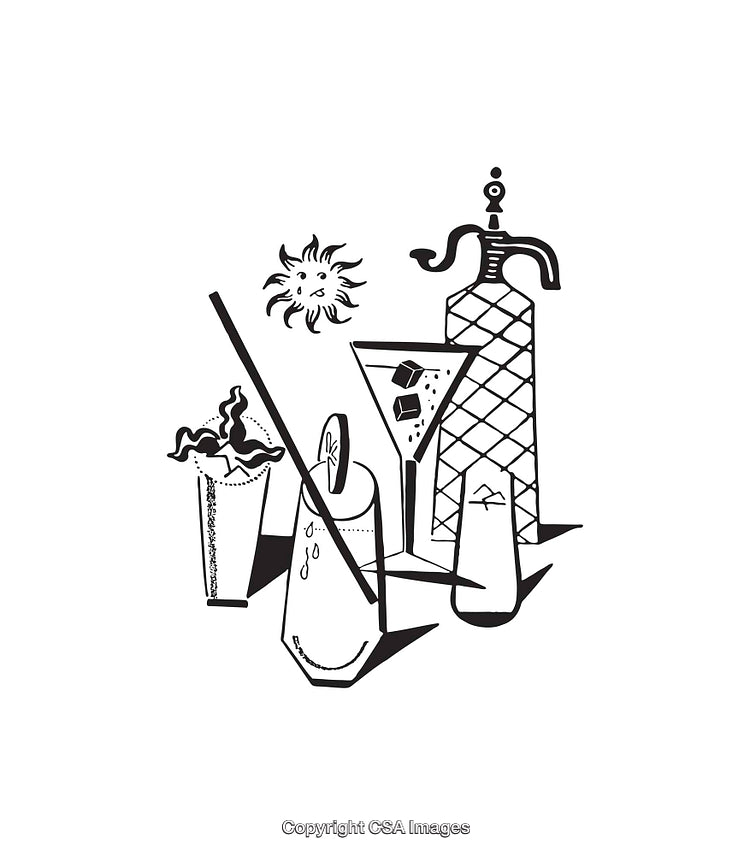 Stylized Line Art Illustration of Beverage Set Featuring Various Drinkware