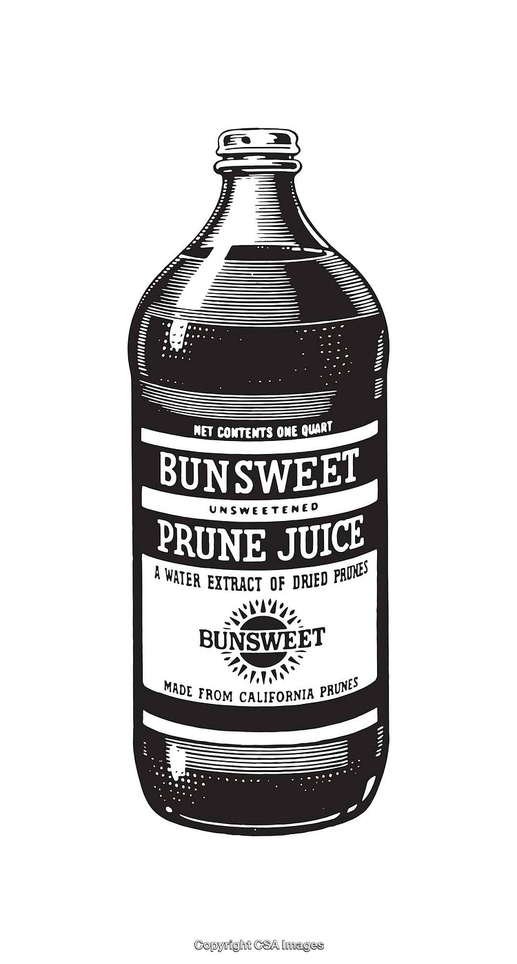 Black and White Line Art Illustration of a Prune Juice Bottle
