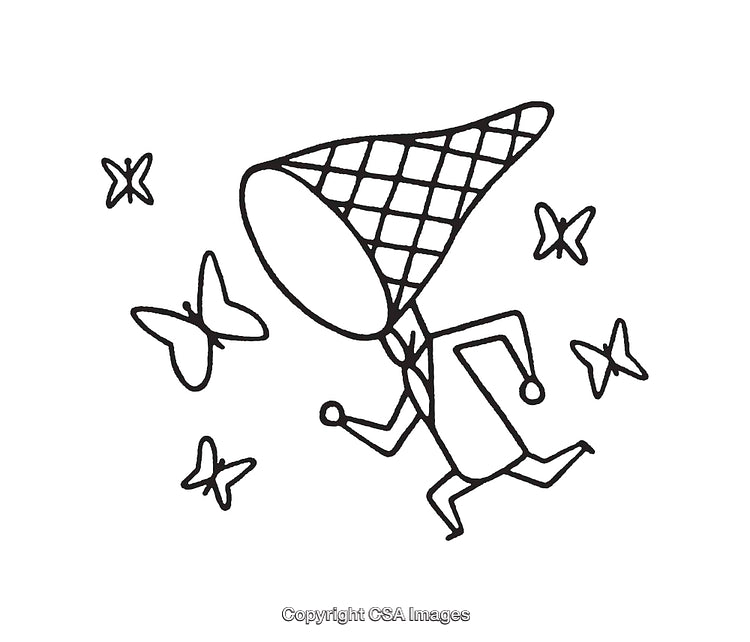 Simplistic Line Art of Character Chasing Butterflies with a Net