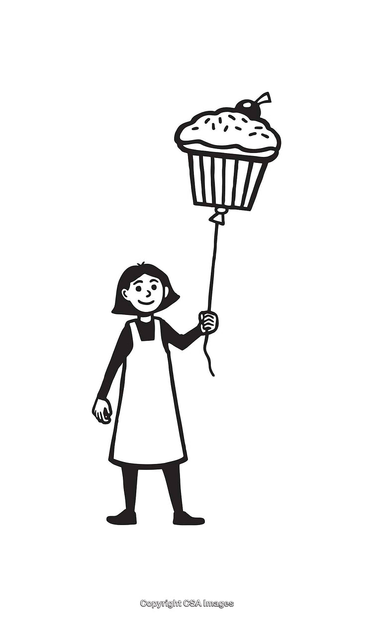 Black and White Illustration of Girl Holding Cupcake Balloon on String