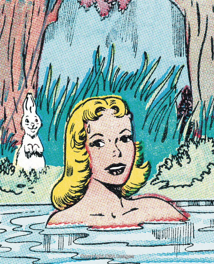 Vintage Comic Illustration of a Woman in a Scenic Nature Setting