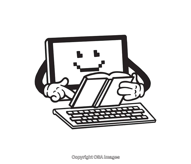 Cheerful Computer Mascot Reading a Book in Black and White Illustration