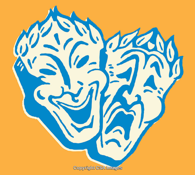 Blue Comedy and Tragedy Masks Illustration on Orange Background