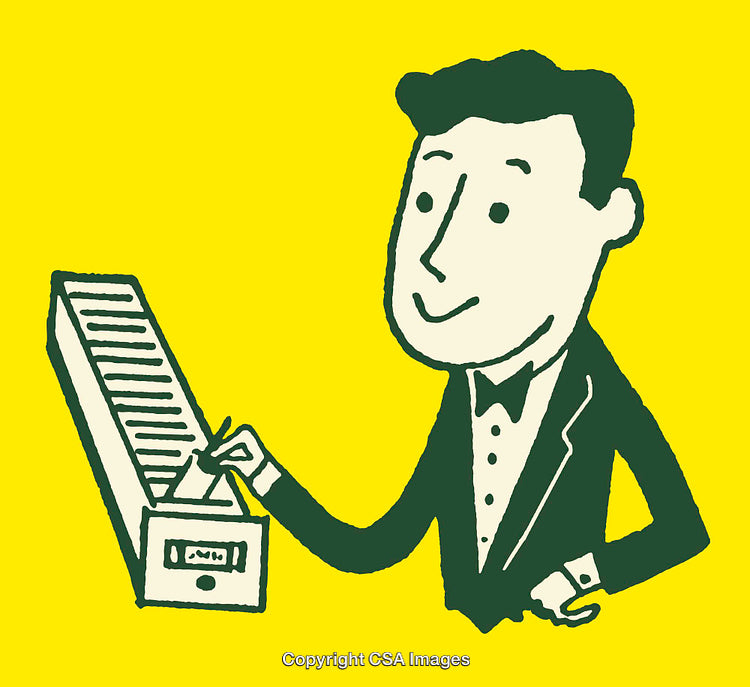 Cartoon Line Art Illustration of a Smiling Man By a File Drawer