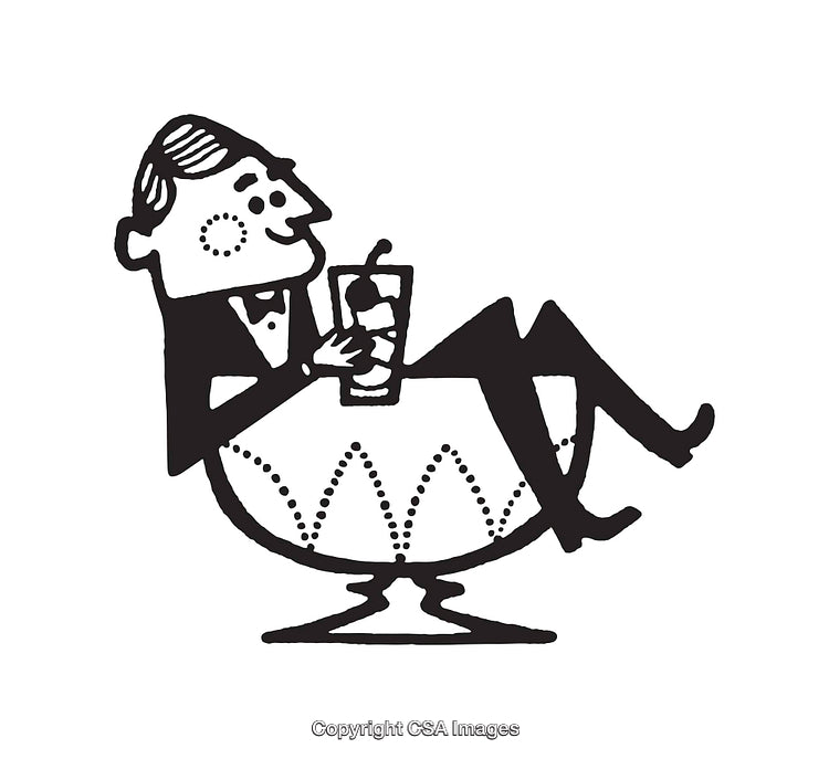 Whimsical Man Relaxing in a Dessert Dish Holding a Drink