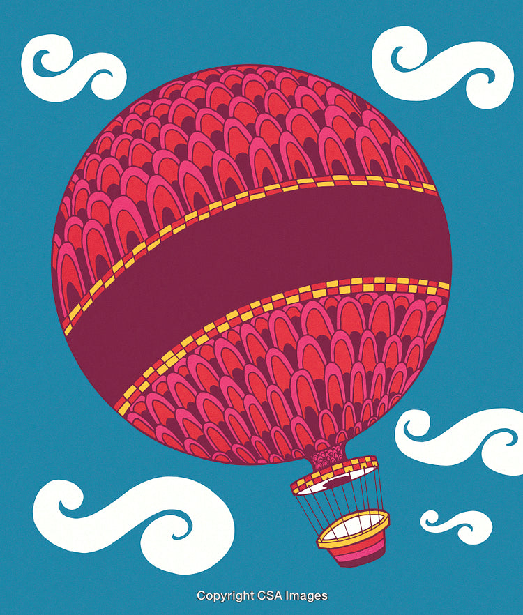 Colorful Hot Air Balloon Illustration with Patterned Design in Bright Sky
