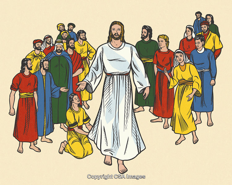 Illustration of Group Surrounding a Central Figure in White Robe