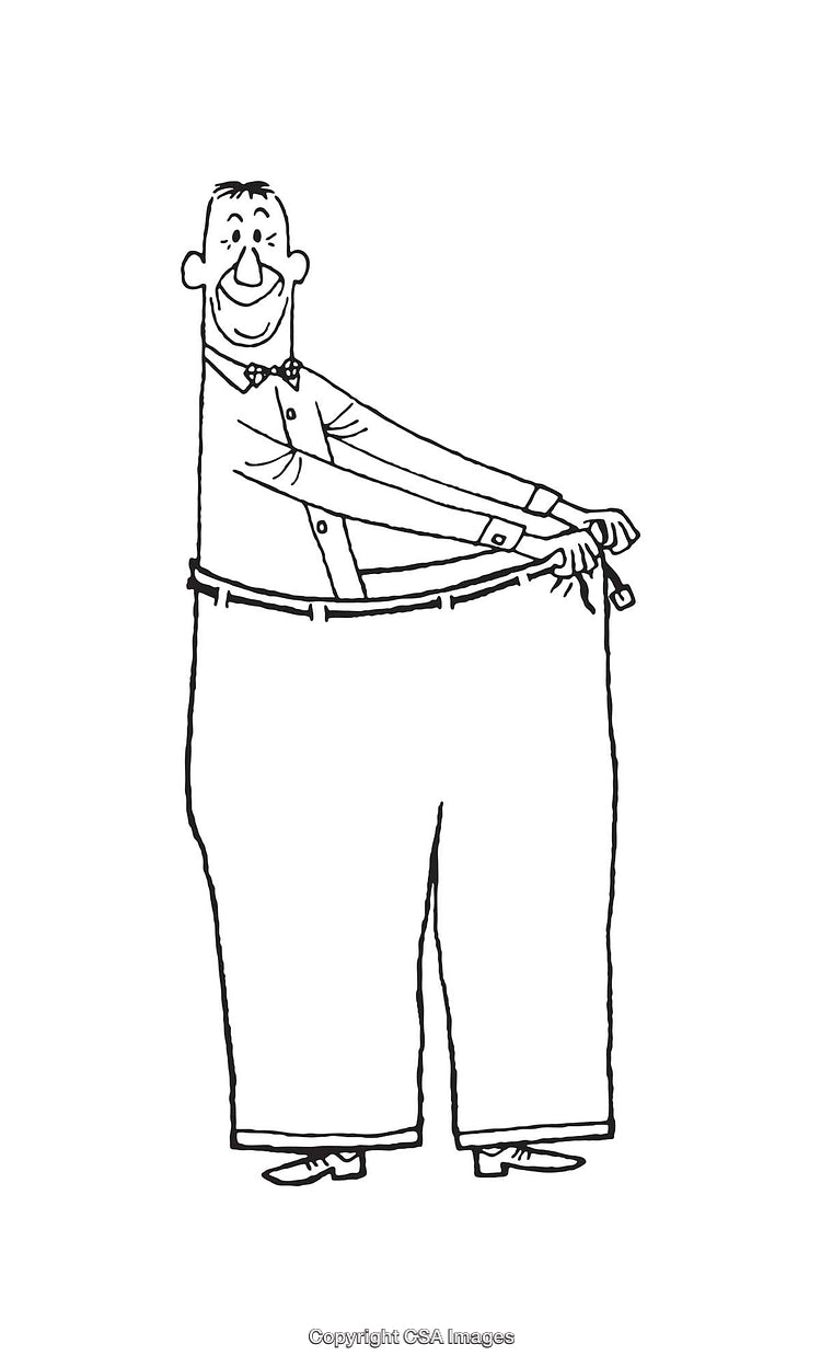 Cartoon Illustration of Man Showing Loose Pants After Weight Loss Success